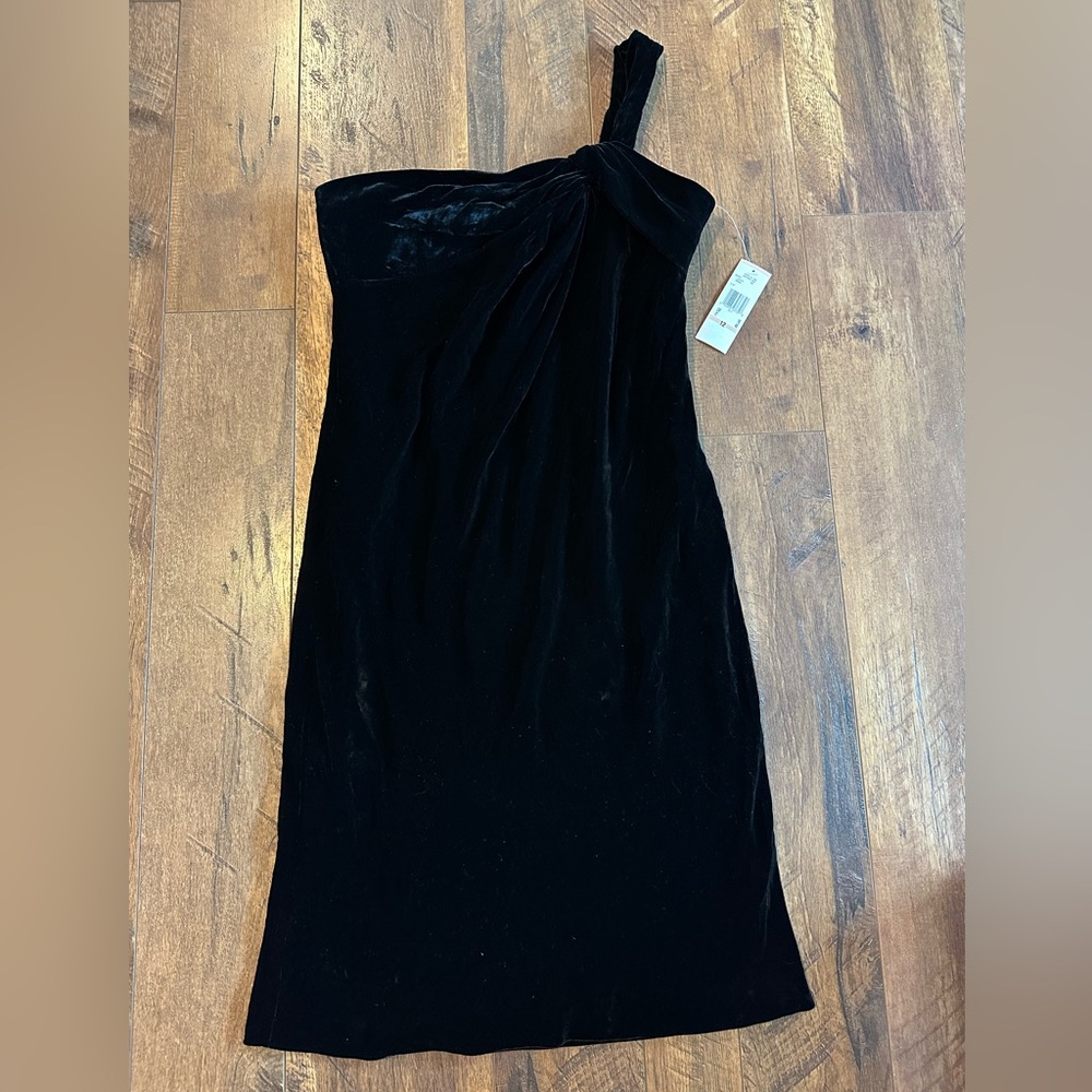 Anne Klein Black Velvet Shift Dress Sleeveless One Shoulder Strap Size 12